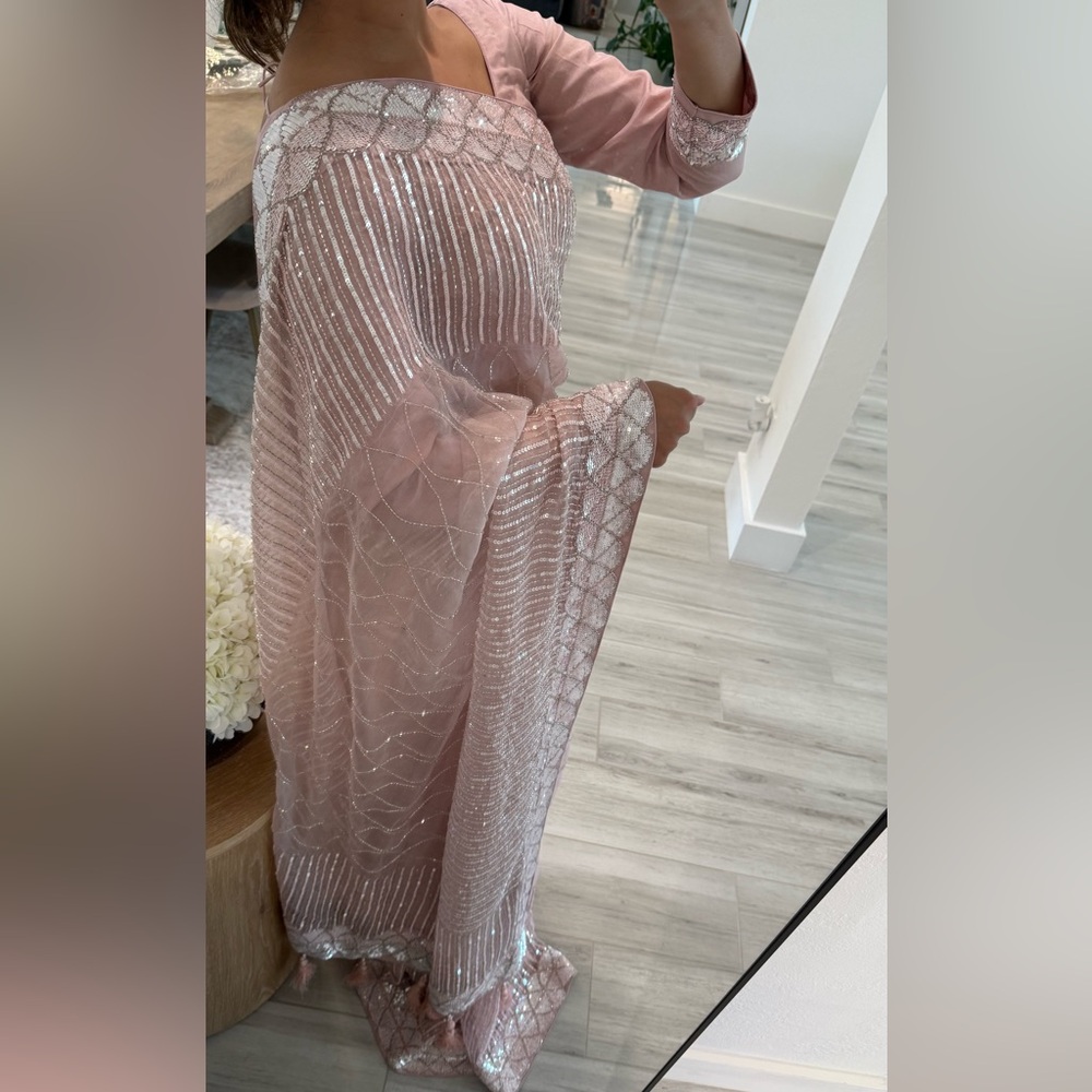 Light Pink Muslin Saree with Beaded Work